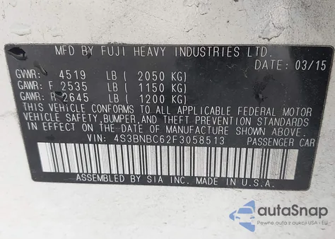 2015 Subaru Legacy 2.5I Premium z USA, uszkodzony, nr VIN 4S3BNBC62F3058513